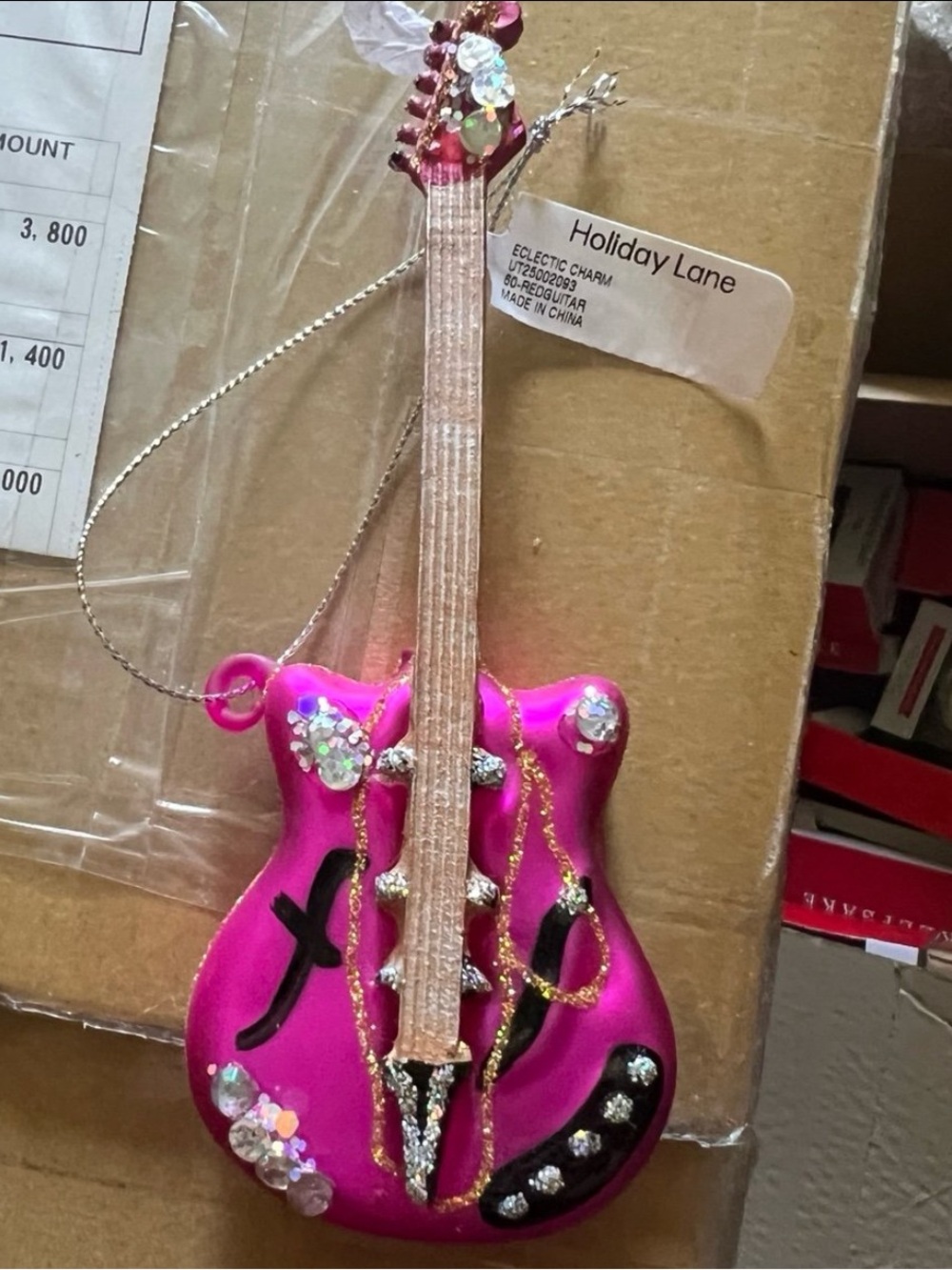 Holiday Lane Pink Glass Guitar Ornament with Rhinestone Accents